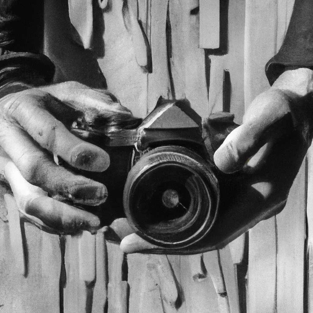 Detalle de manos sosteniendo cámara análoga en estudio minimal